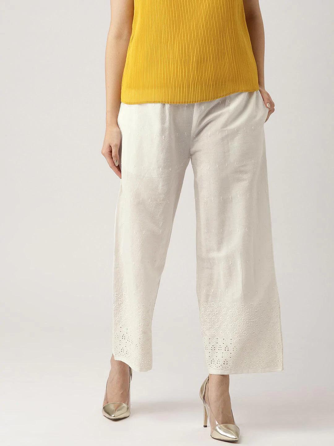 White Schiffli Cotton Palazzos - ShopLibas 