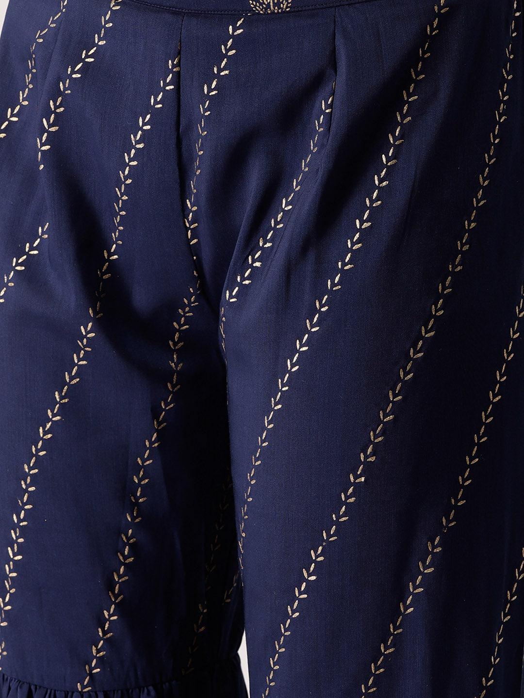Navy Blue Printed Rayon Sharara Pants - ShopLibas