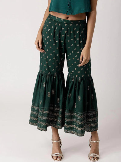 Green Solid Rayon Sharara Pants - ShopLibas