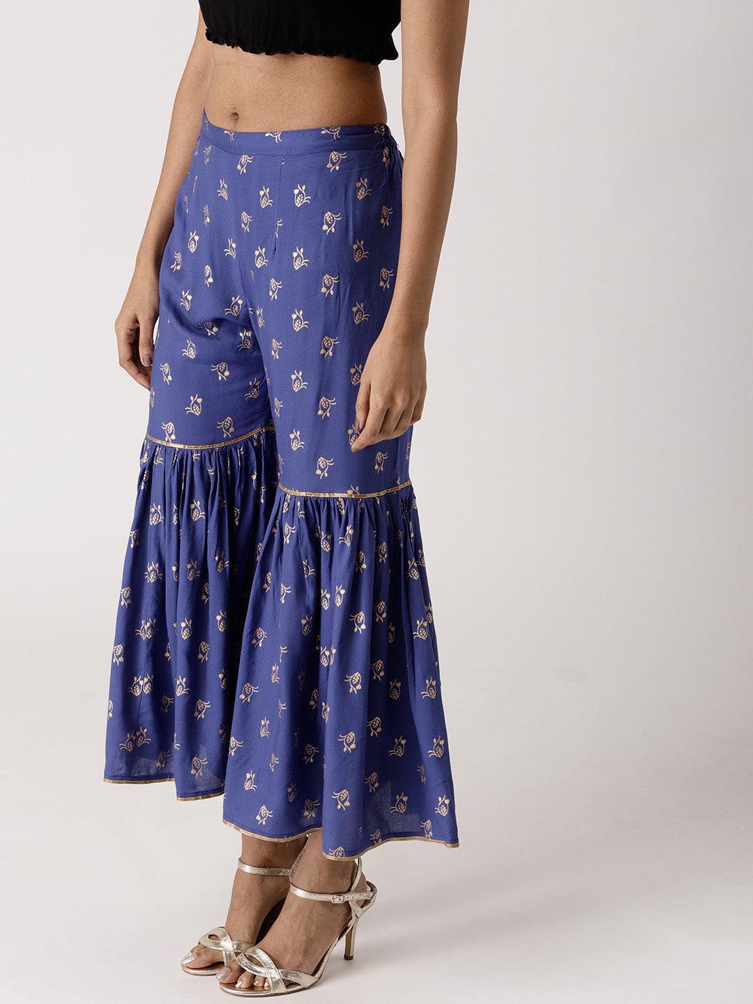 Blue Printed Rayon Sharara Pants - ShopLibas 