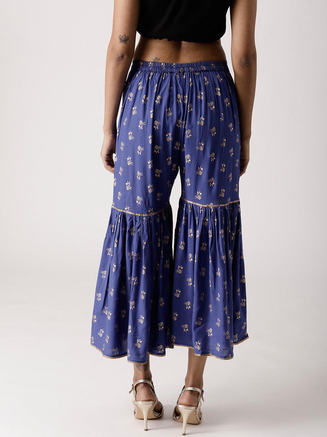 Blue Printed Rayon Sharara Pants - ShopLibas 