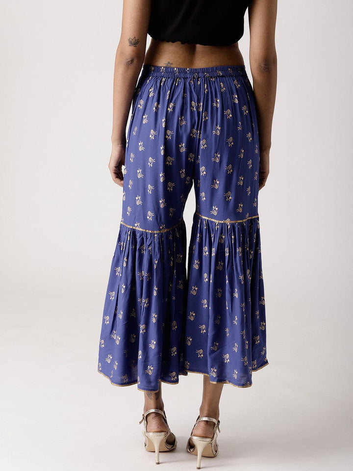 Blue Printed Rayon Sharara Pants