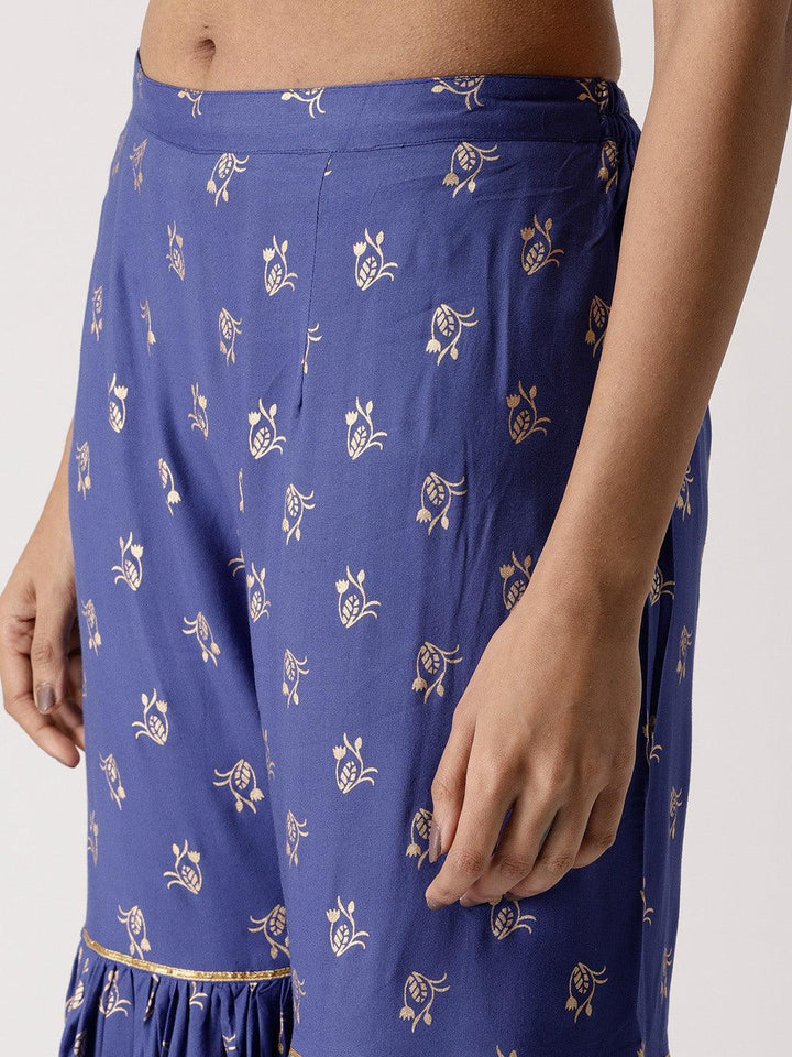 Blue Printed Rayon Sharara Pants
