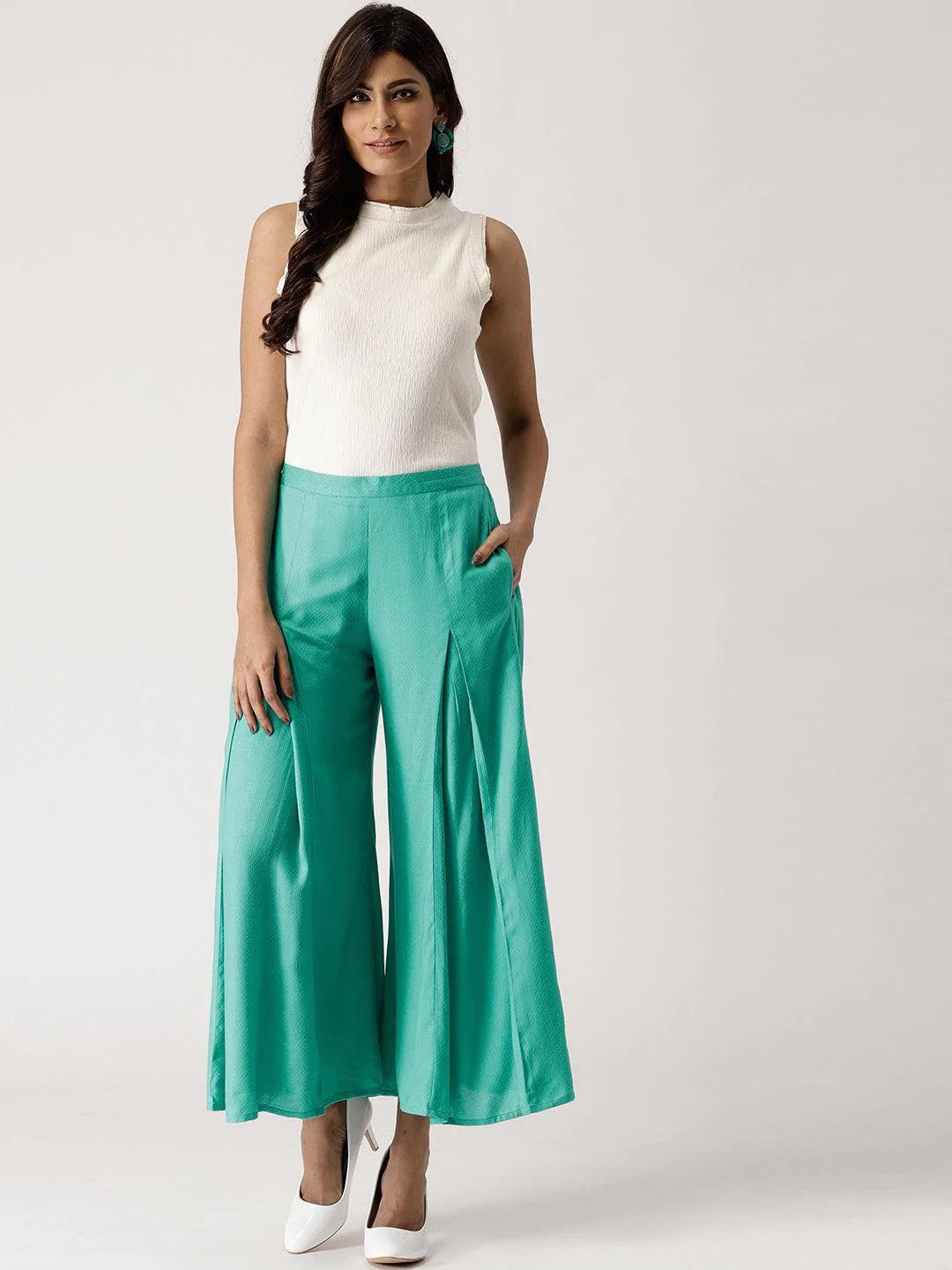 Green Self Design Rayon Palazzos - ShopLibas 