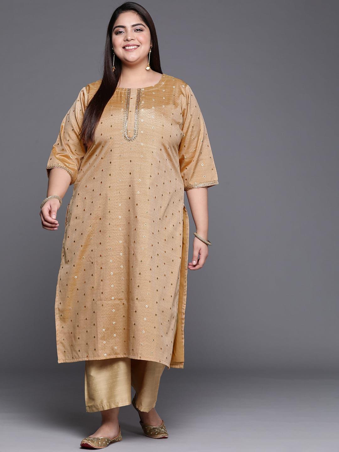 Plus Size Beige Self Design Chanderi Silk Straight Kurta - ShopLibas