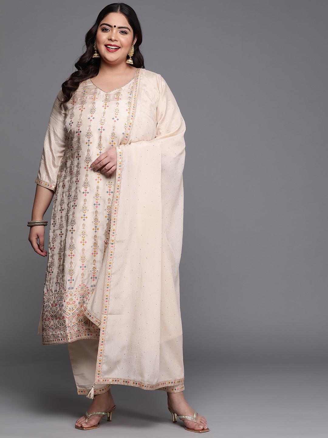 Plus Size Beige Woven Design Silk Blend Suit Set - ShopLibas