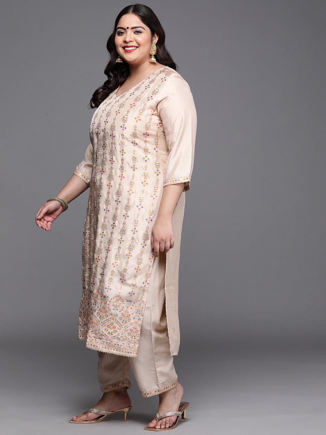 Plus Size Beige Woven Design Silk Blend Suit Set - ShopLibas 