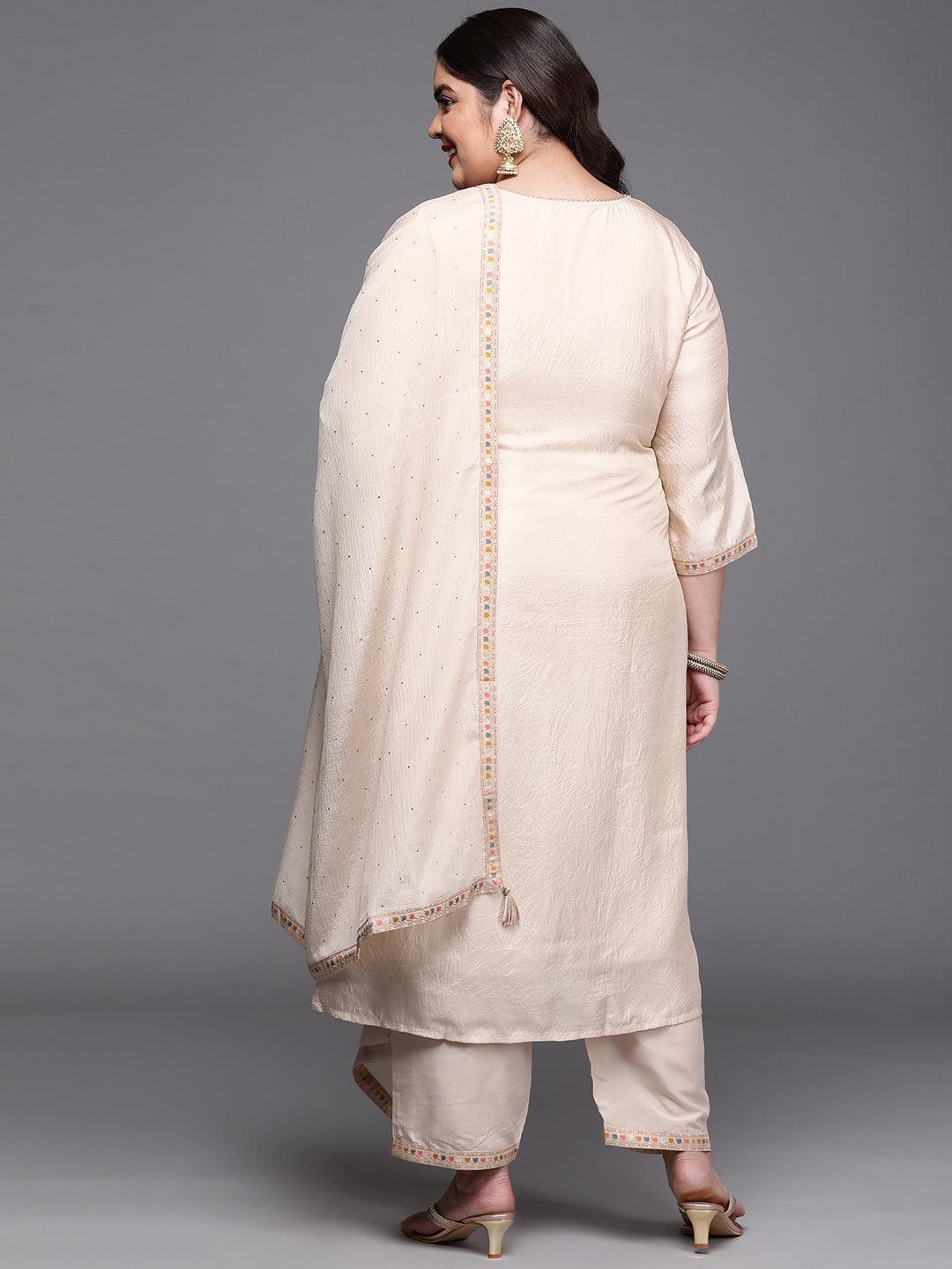 Plus Size Beige Woven Design Silk Blend Suit Set - ShopLibas 