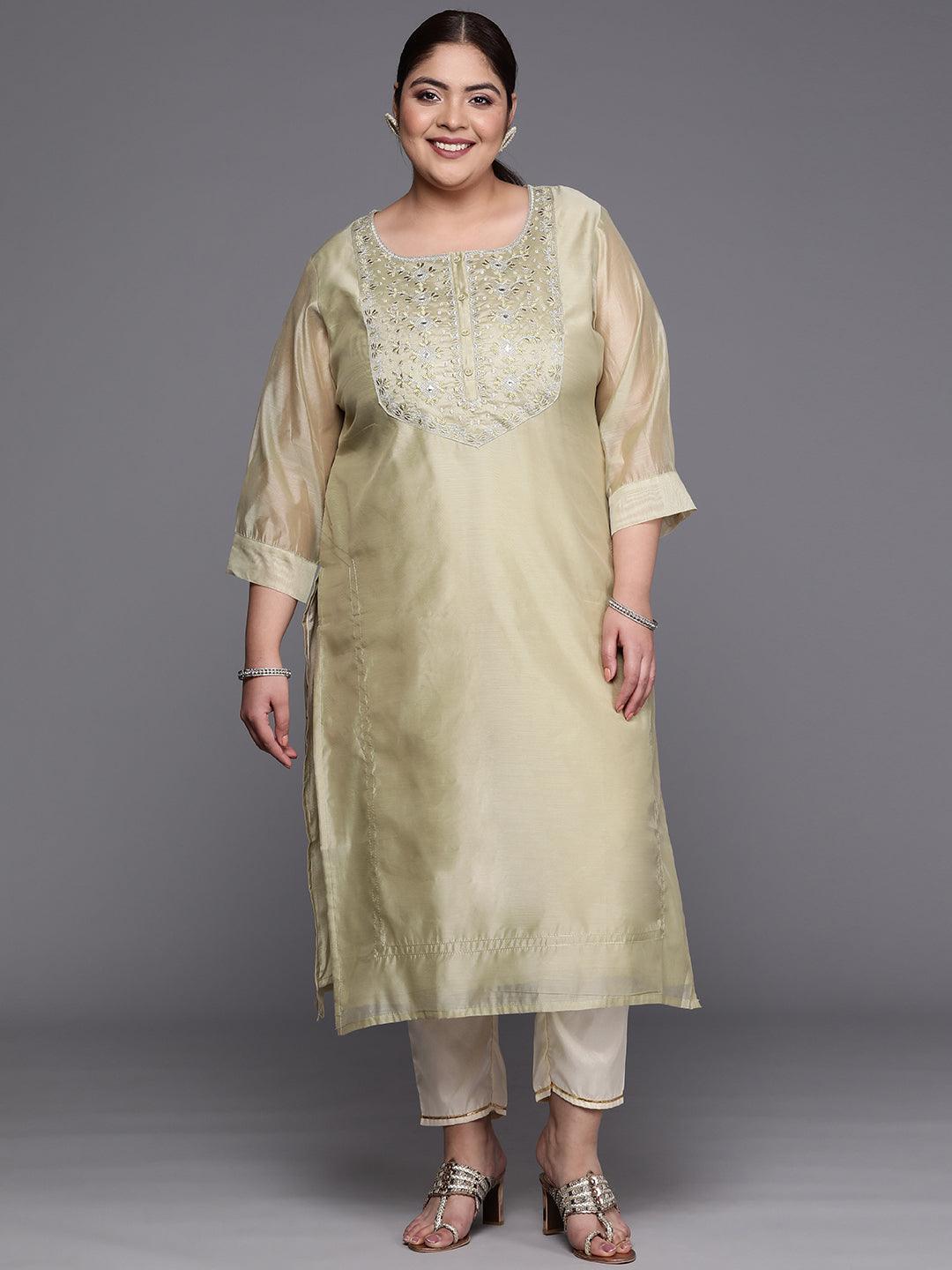Plus Size Beige Yoke Design Chanderi Cotton Straight Kurta - ShopLibas