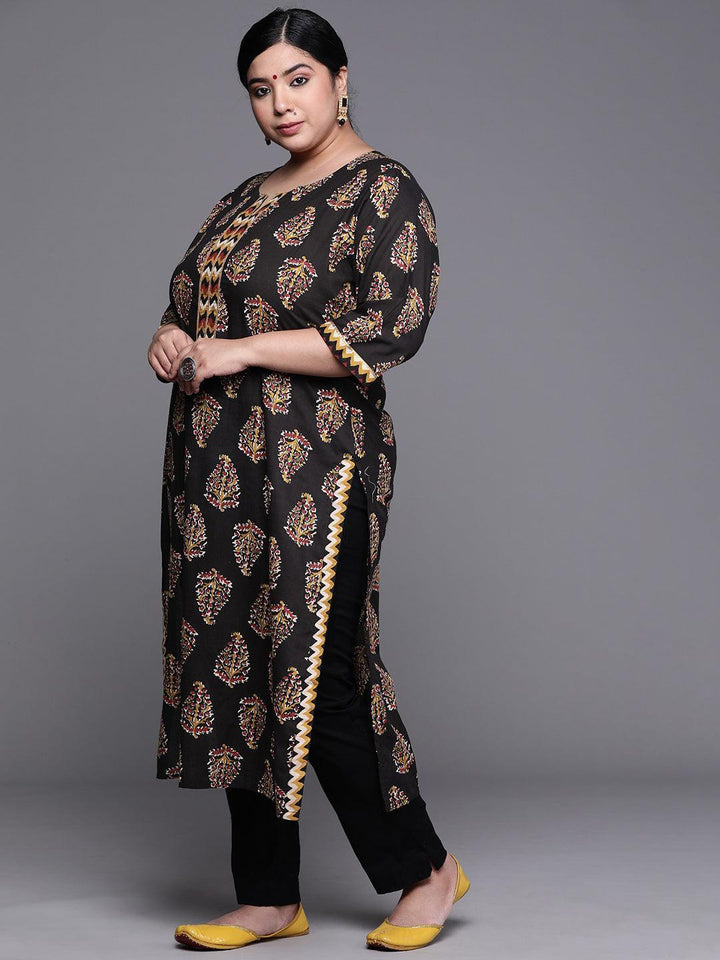 Plus Size Black Printed Cotton Kurta - Libas