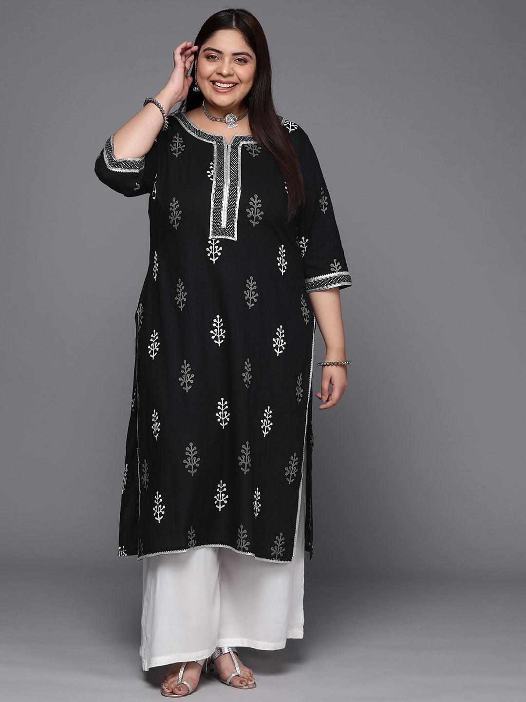 Plus Size Black Printed Cotton Straight Kurta - ShopLibas