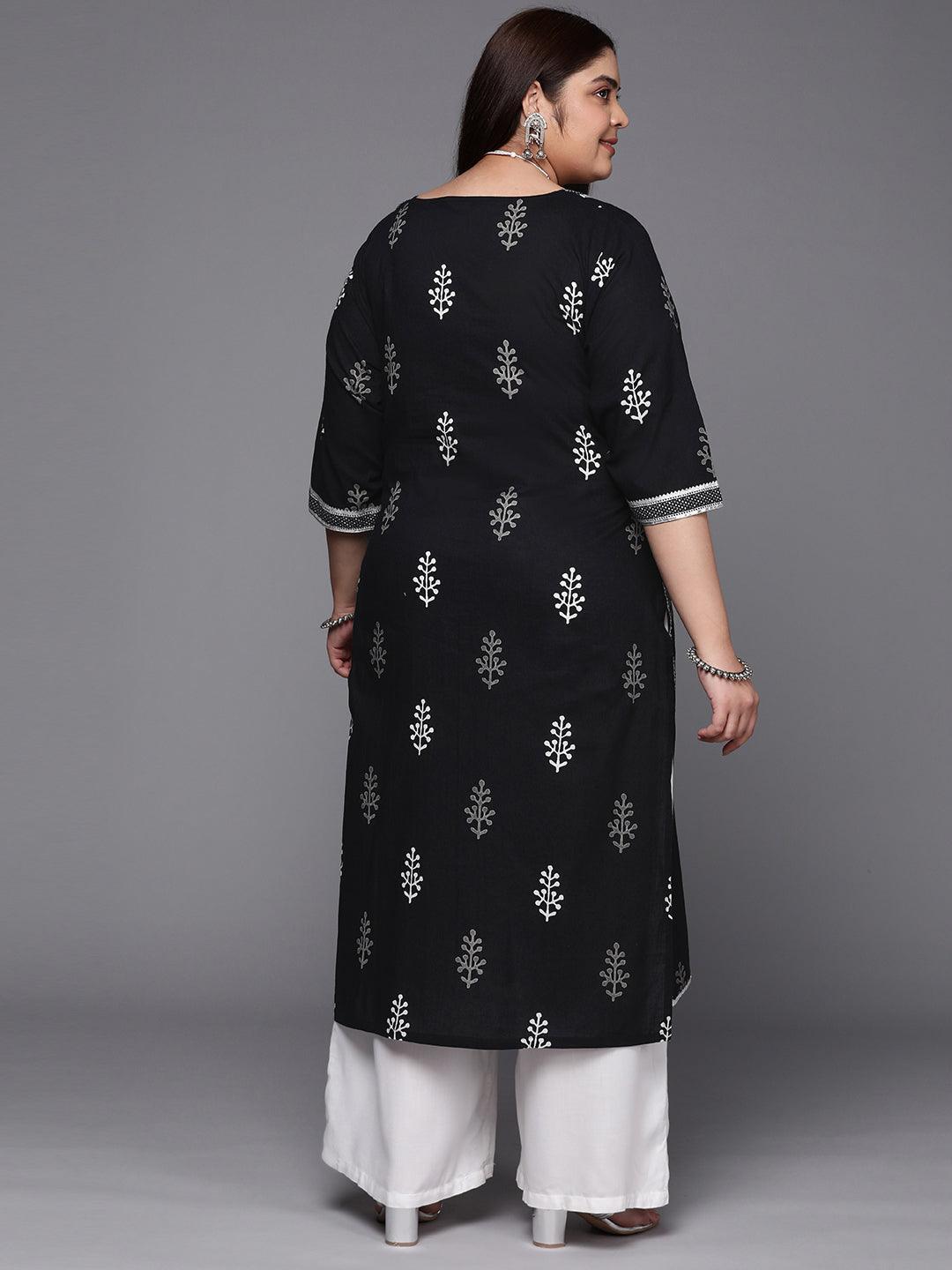 Plus Size Black Printed Cotton Straight Kurta - ShopLibas 