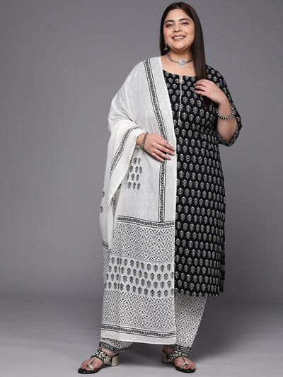 Plus Size Black Printed Cotton Suit Set With Salwar - ShopLibas
