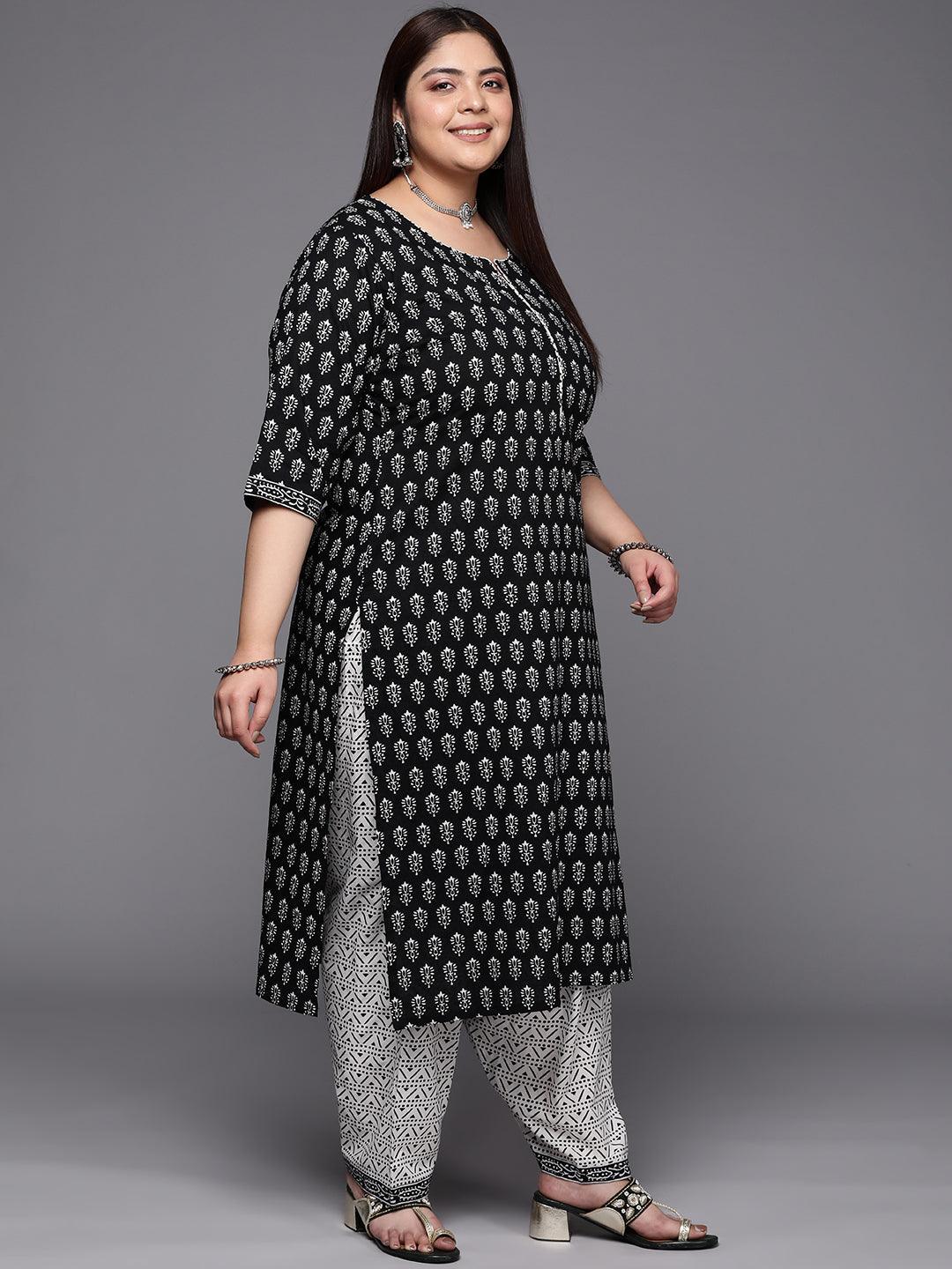 Plus Size Black Printed Cotton Suit Set With Salwar - ShopLibas