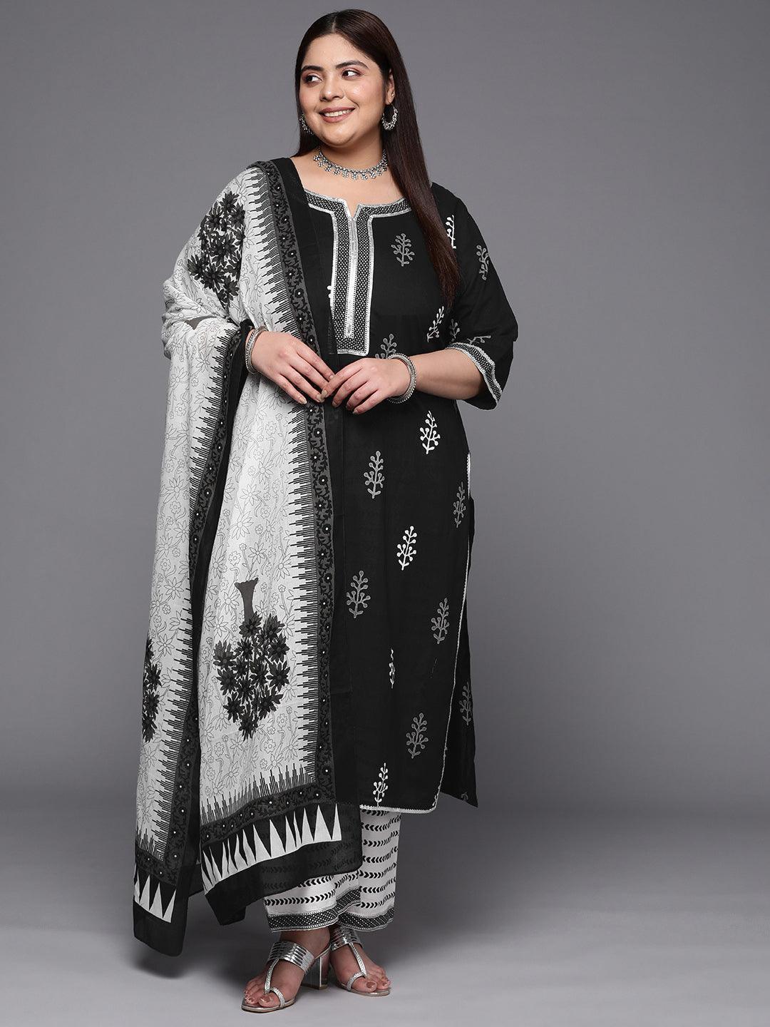 Plus Size Black Printed Cotton Suit Set With Trousers - ShopLibas