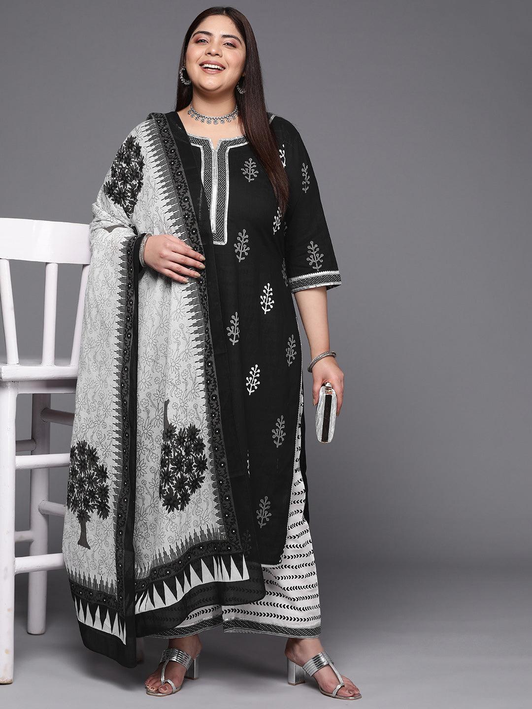 Plus Size Black Printed Cotton Suit Set With Trousers - ShopLibas 