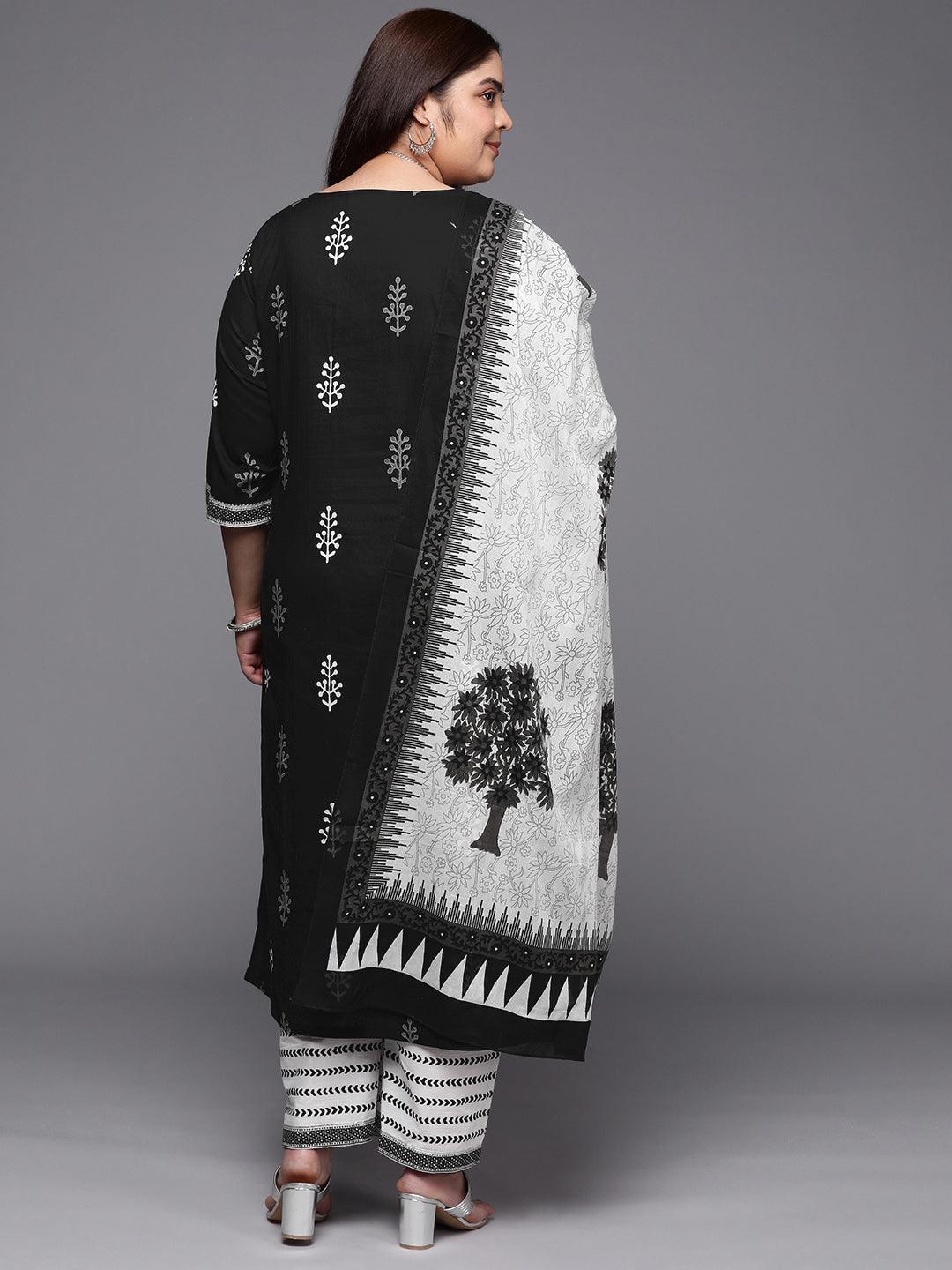 Plus Size Black Printed Cotton Suit Set With Trousers - ShopLibas 