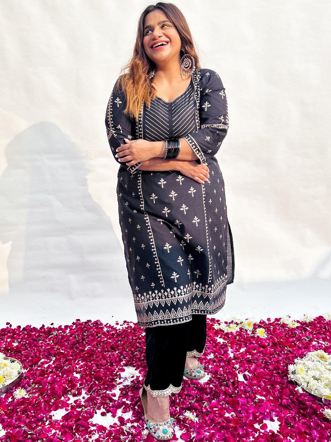 Plus Size Black Printed Silk Straight Kurta - ShopLibas
