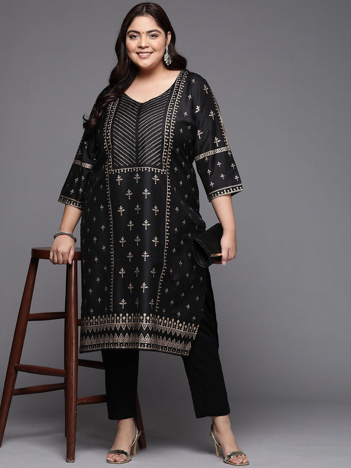 Plus Size Black Printed Silk Straight Kurta - ShopLibas