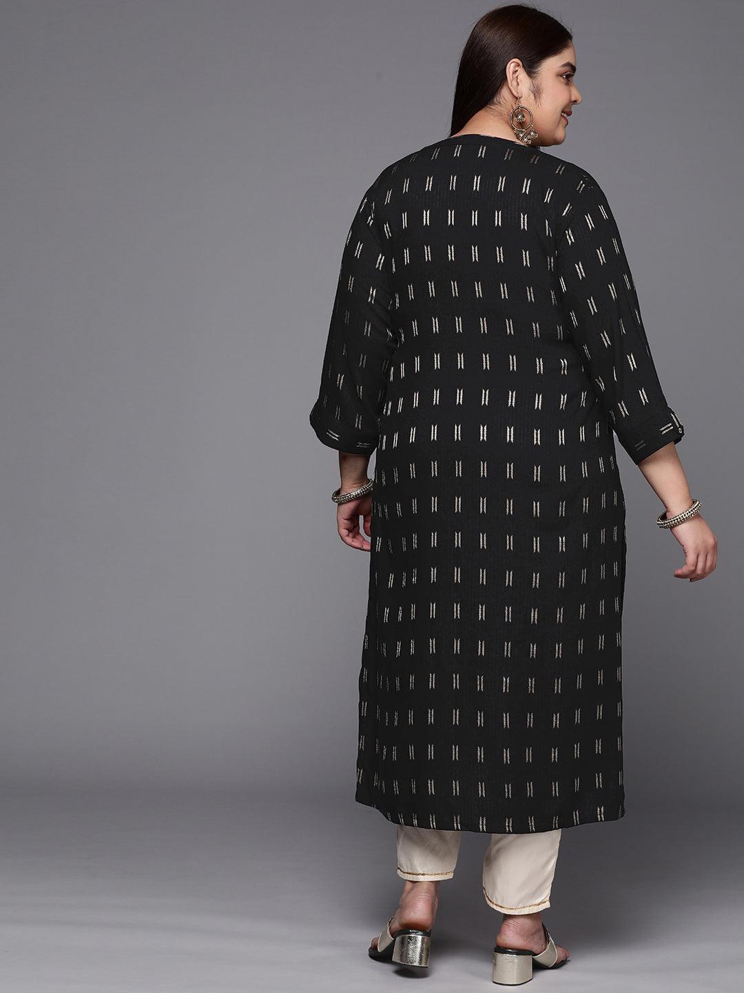 Plus Size Black Woven Design Rayon Straight Kurta - ShopLibas 