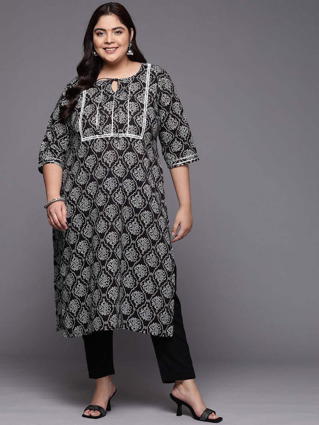 Plus Size Black Yoke Design Cotton Straight Kurta - ShopLibas