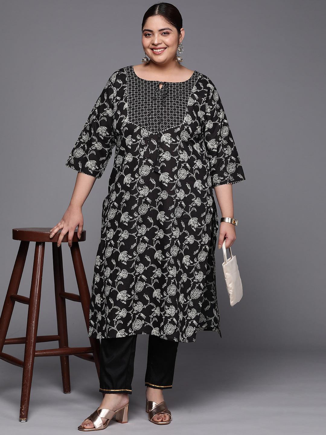 Plus Size Black Yoke Design Cotton Straight Kurta - ShopLibas