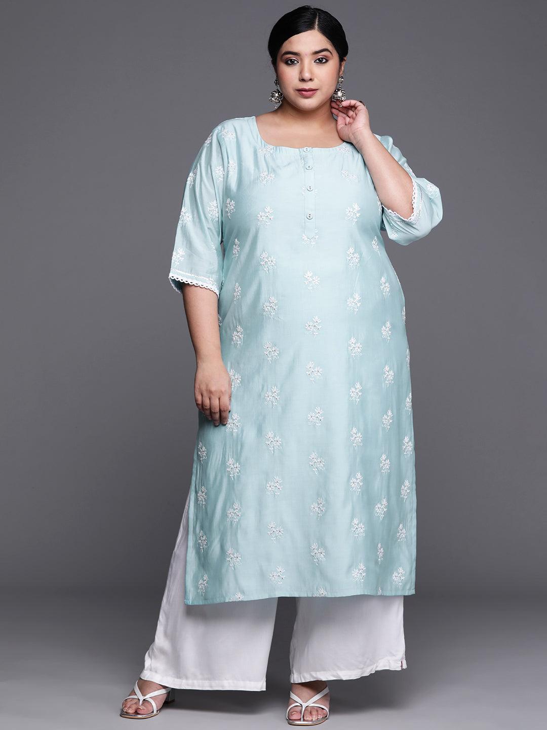 Plus Size Blue Embroidered Chanderi Silk Kurta - ShopLibas