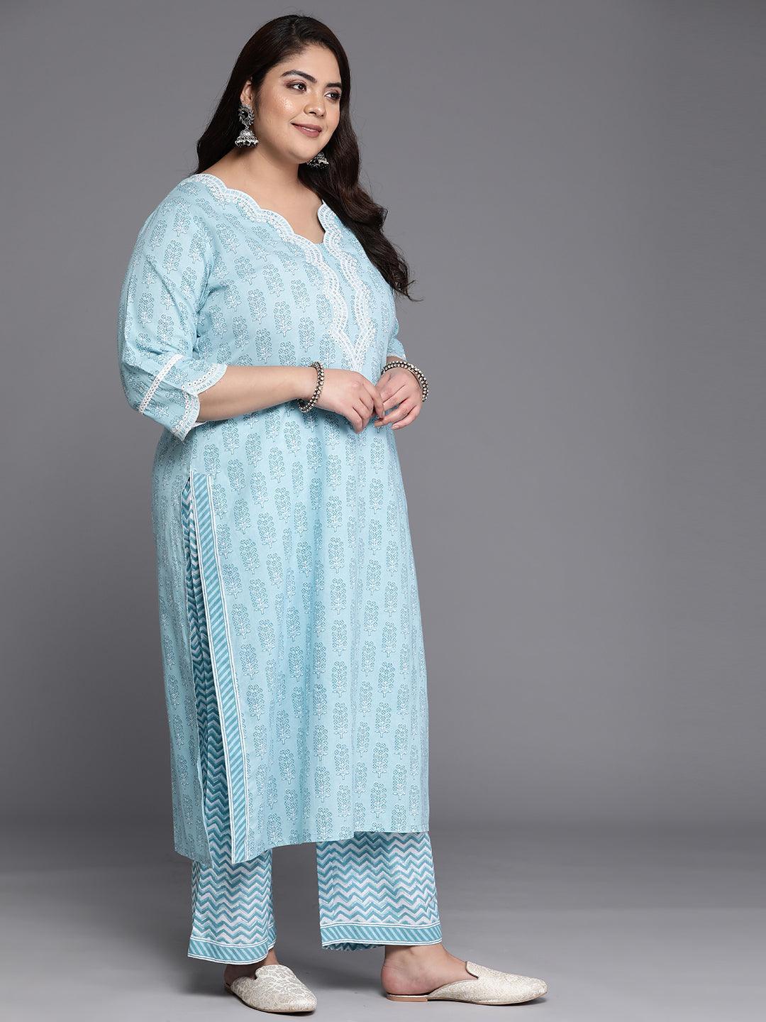 Plus Size Blue Embroidered Cotton Straight Suit Set - Libas 