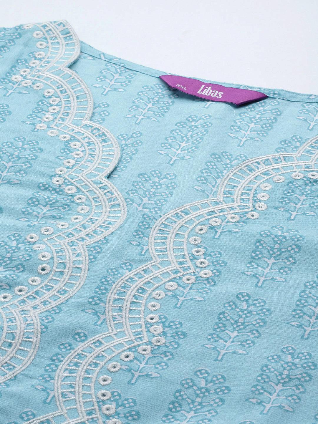 Plus Size Blue Embroidered Cotton Straight Suit Set - Libas 
