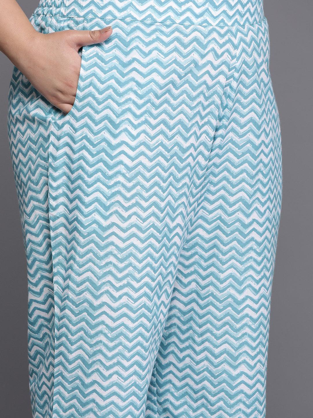 Plus Size Blue Embroidered Cotton Straight Suit Set - Libas 