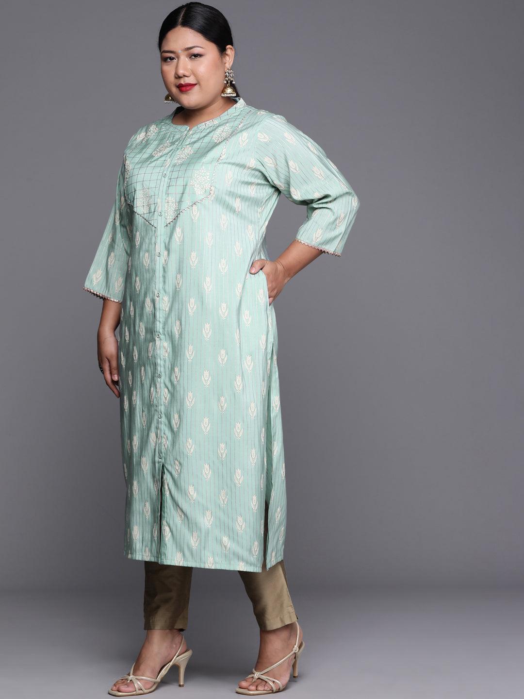 Plus Size Blue Printed Chanderi Silk Kurta - ShopLibas 