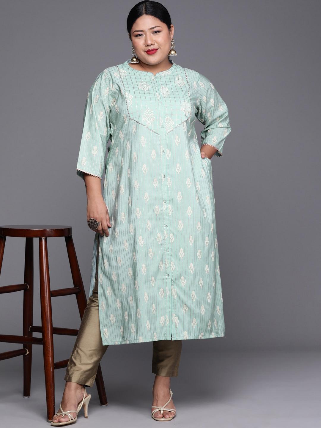 Plus Size Blue Printed Chanderi Silk Kurta - ShopLibas 