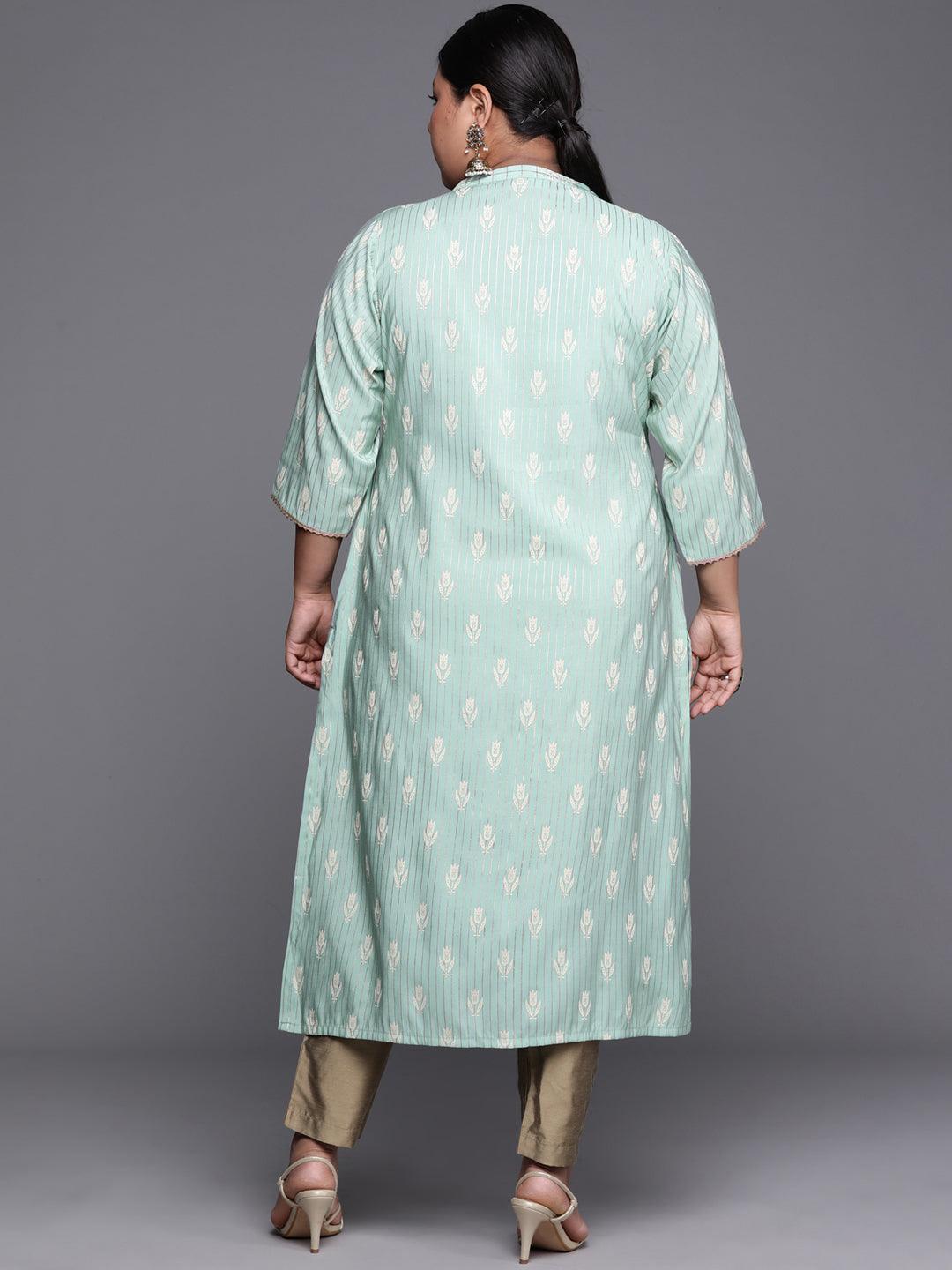 Plus Size Blue Printed Chanderi Silk Kurta - ShopLibas 