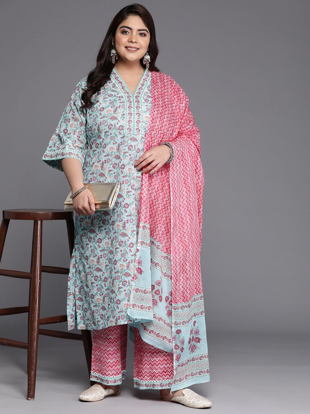 Plus Size Blue Printed Cotton A-Line Suit Set - Libas 