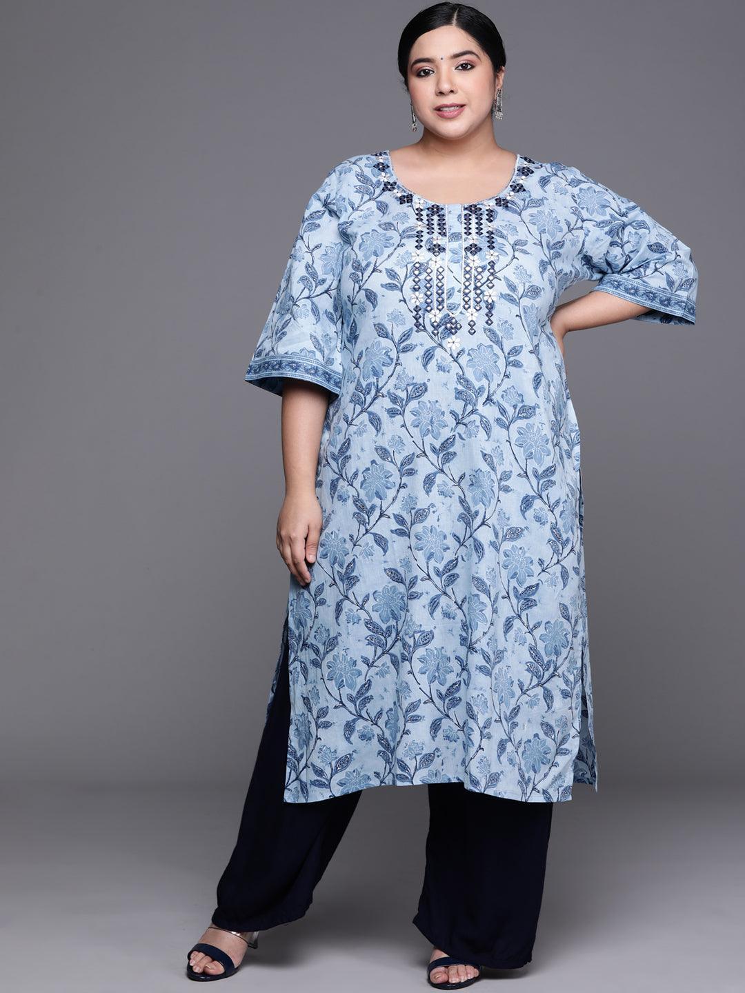 Plus Size Blue Printed Cotton Kurta - ShopLibas