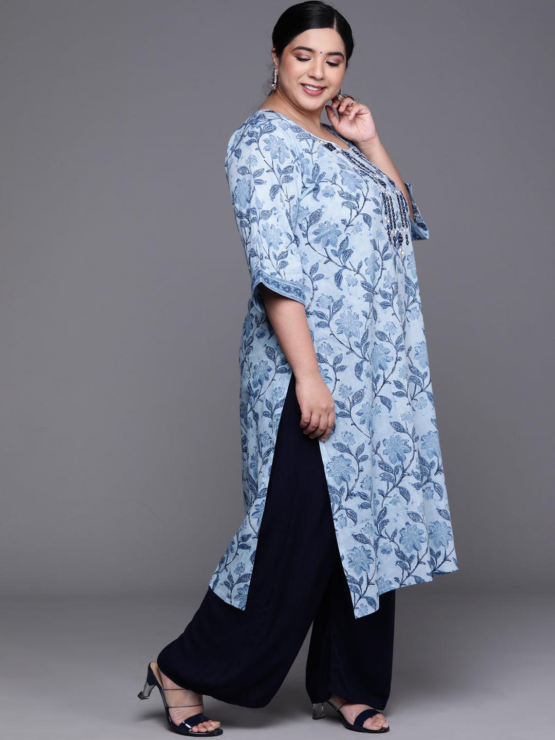 Plus Size Blue Printed Cotton Kurta - ShopLibas