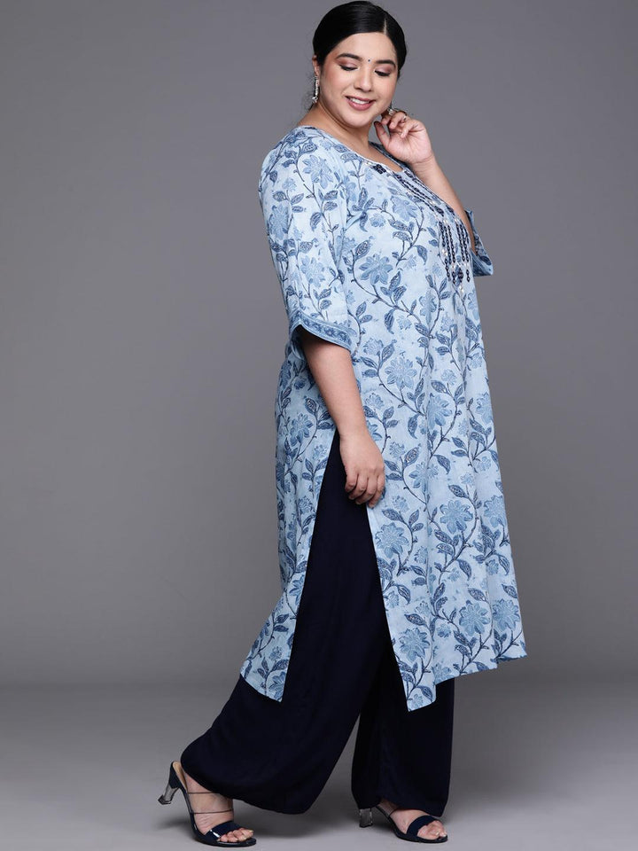 Plus Size Blue Printed Cotton Kurta - ShopLibas