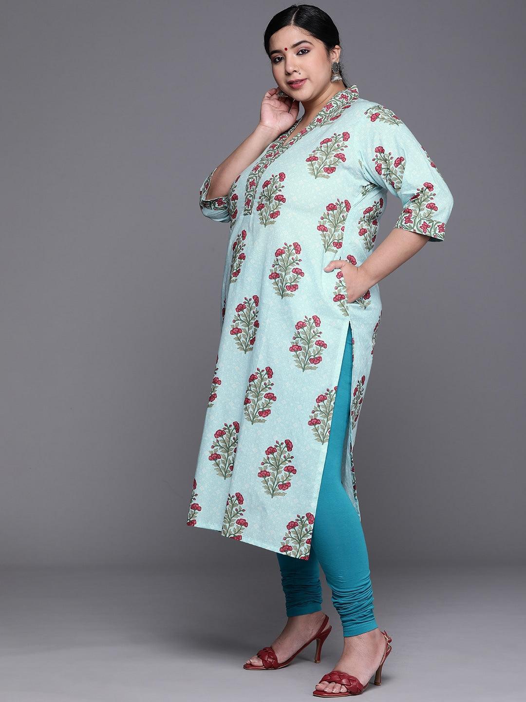 Plus Size Blue Printed Cotton Kurta - ShopLibas 