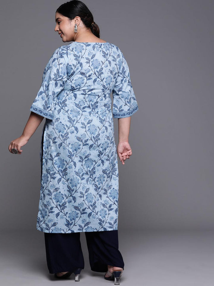 Plus Size Blue Printed Cotton Kurta - ShopLibas