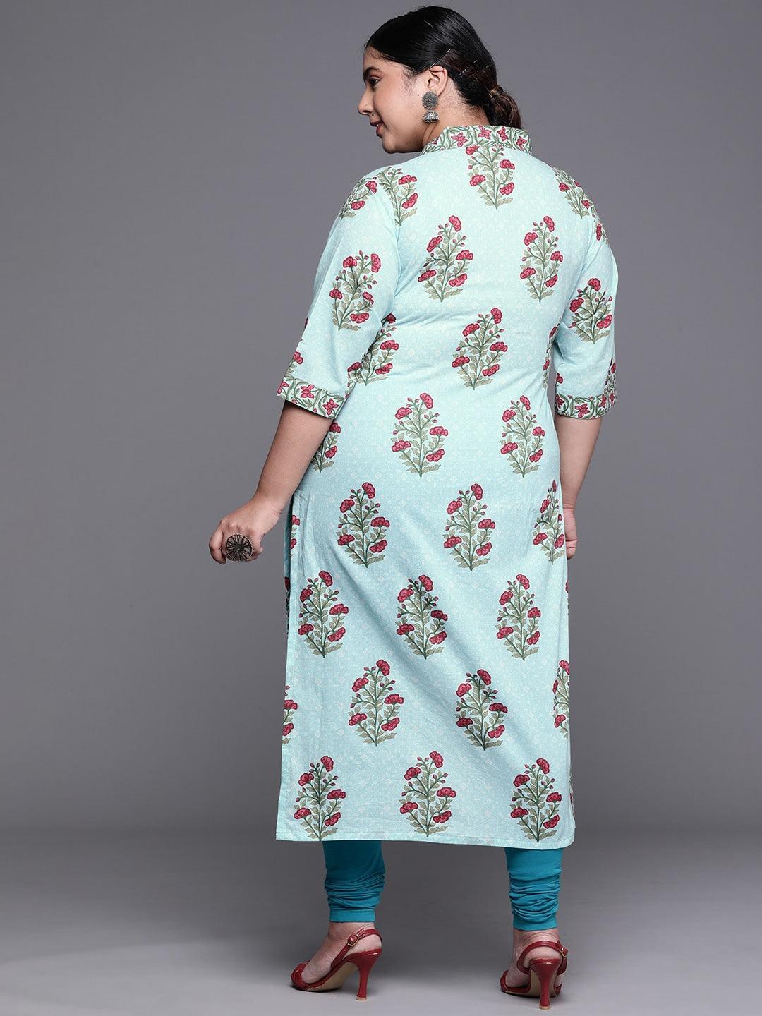 Plus Size Blue Printed Cotton Kurta - ShopLibas 