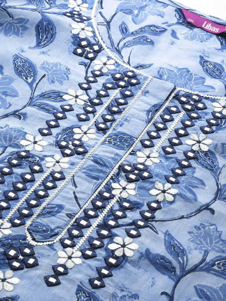 Plus Size Blue Printed Cotton Kurta - ShopLibas