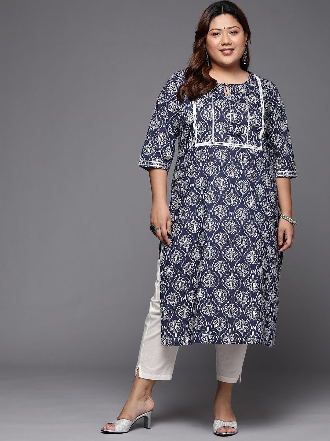 Plus Size Blue Printed Cotton Straight Kurta - ShopLibas