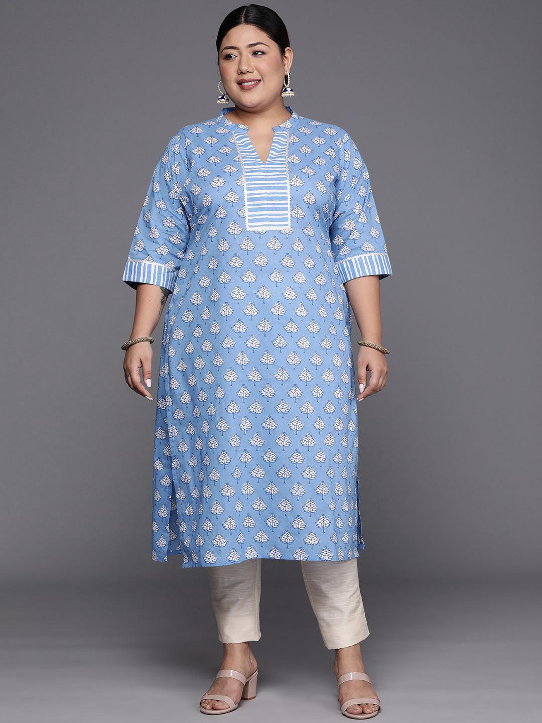 Plus Size Blue Printed Cotton Straight Kurta - ShopLibas