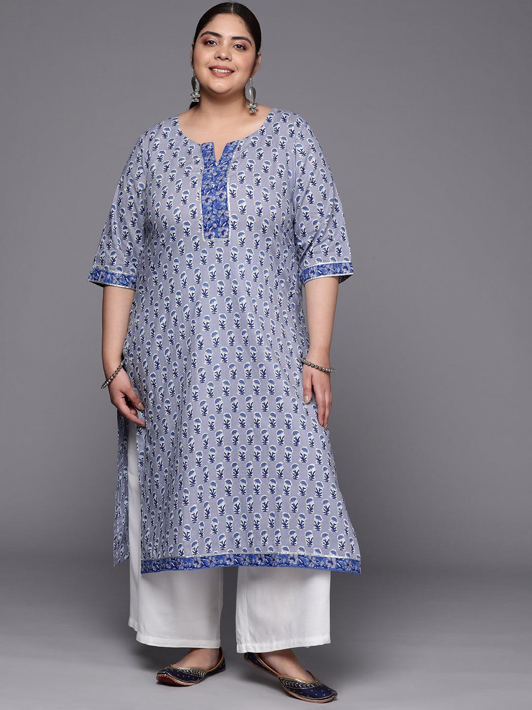 Plus Size Blue Printed Cotton Straight Kurta - ShopLibas