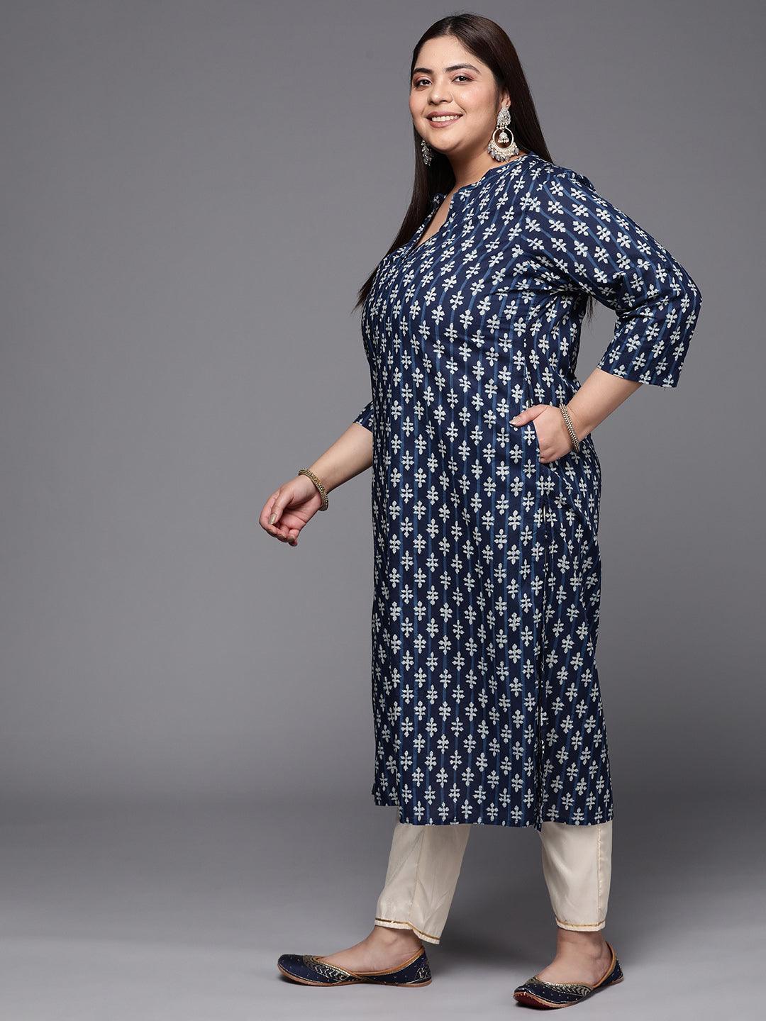Plus Size Blue Printed Cotton Straight Kurta - ShopLibas 