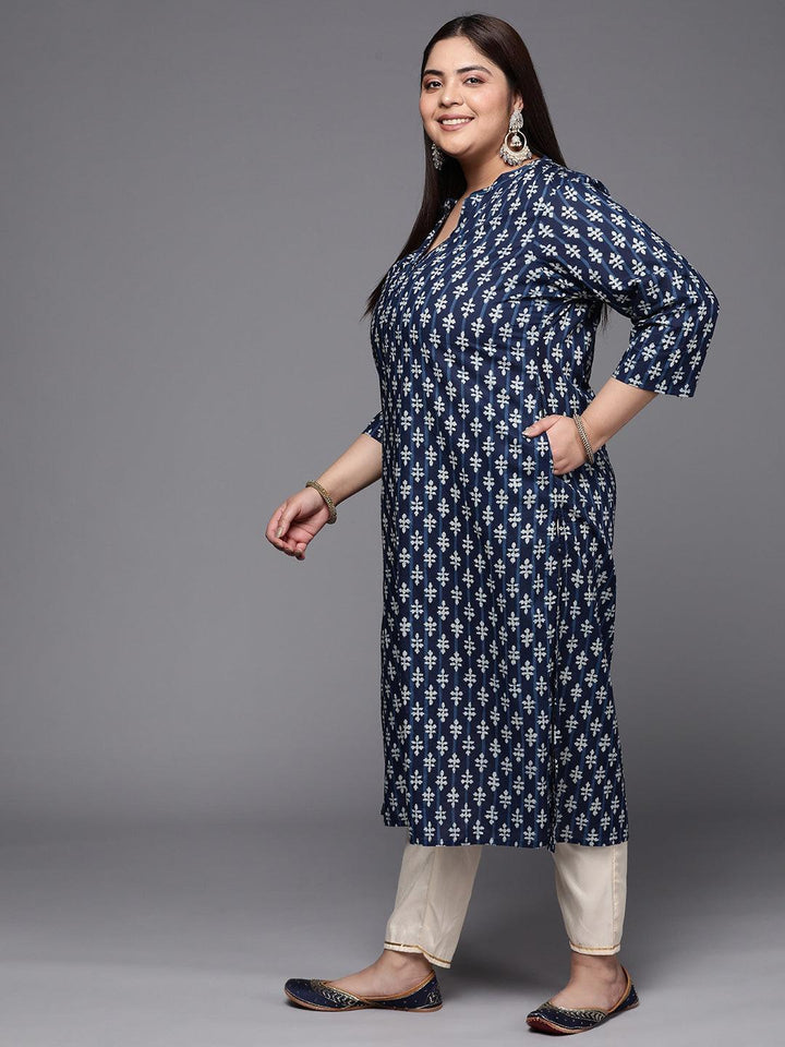 Plus Size Blue Printed Cotton Straight Kurta