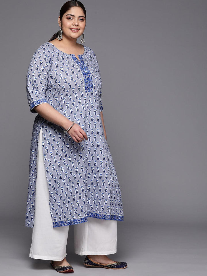 Plus Size Blue Printed Cotton Straight Kurta