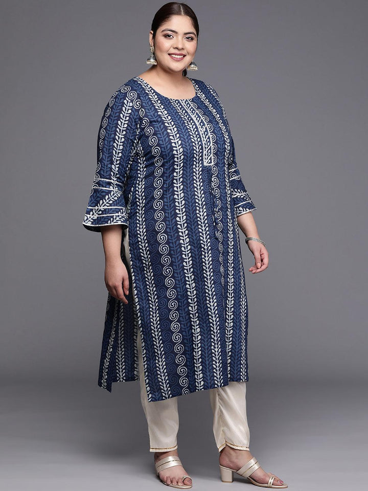 Plus Size Blue Printed Cotton Straight Kurta