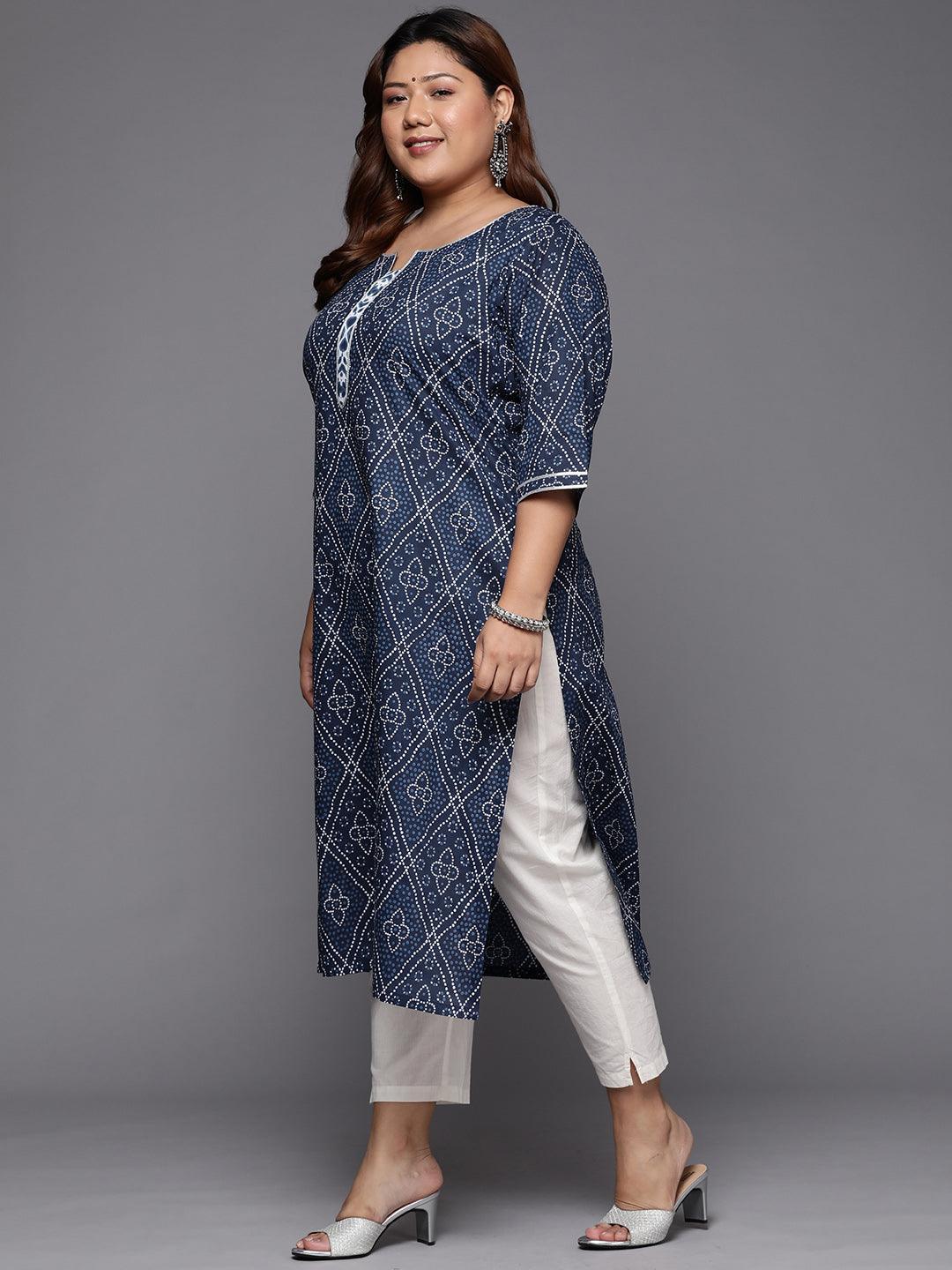 Plus Size Blue Printed Cotton Straight Kurta - ShopLibas 