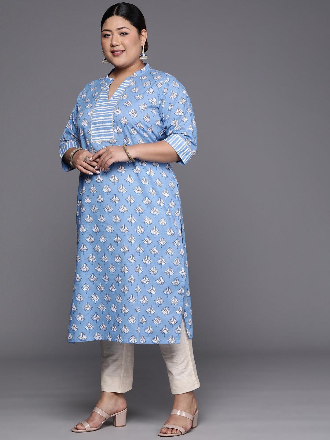 Plus Size Blue Printed Cotton Straight Kurta - ShopLibas 